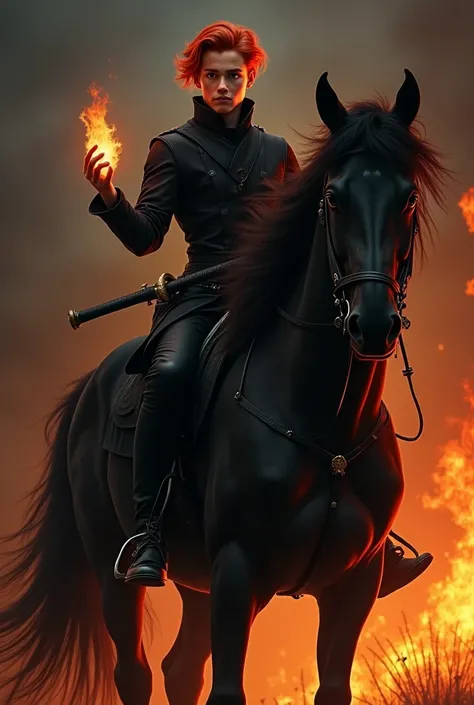 beautiful european boy with red hair sitting on a beautiful completely black horse, the man is wearing black clothes, the horse is wearing black saddle and bride and has a long mane, in the background is fire and the boy has a little flame in her hand and ...