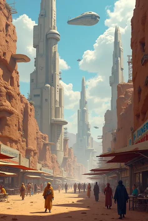 A space civilization, STARWARS, a city of a planet Tattooine, an atmosphere is dessert, once the vast desert now become a big city. theres several species walking in the city, skyscraper futuristic, and skyscraper at the background a street consist with Re...