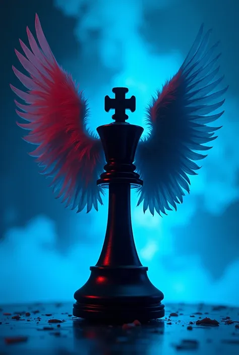 Black chess pawn with red and angel wings and electric blue background

