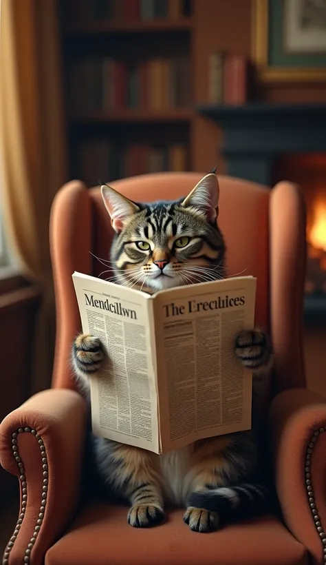 Generate a unique photo of a cat pretending to read a newspaper