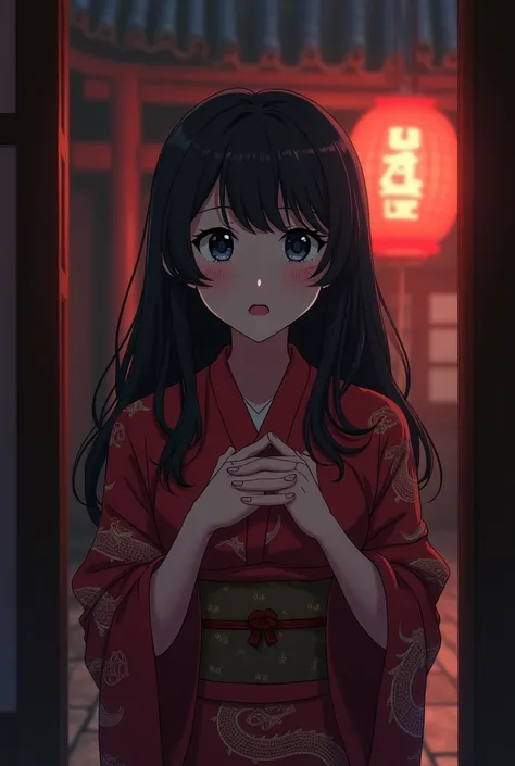 Behind the dimly lit temple、girl、1、Baby Face、Naughty、Embarrassed expression、Long black hair with slight curls、She is wearing a red kimono with a dragon pattern, but it comes off and she puts it on over her shoulders.、Cover your chest with your hands、Anime ...