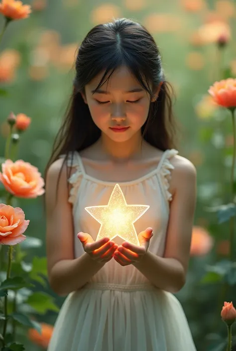 A little angel girl of Asian descent delicately holds a sparkling star while standing in a flower garden, presented in a close-up shot in a cinematic style.   --ar 2:3 --style raw
