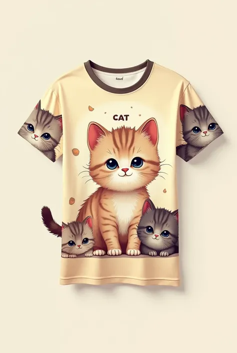 A t-shirt with a kitten print with a kitten on the sleeves and the word cat on the front