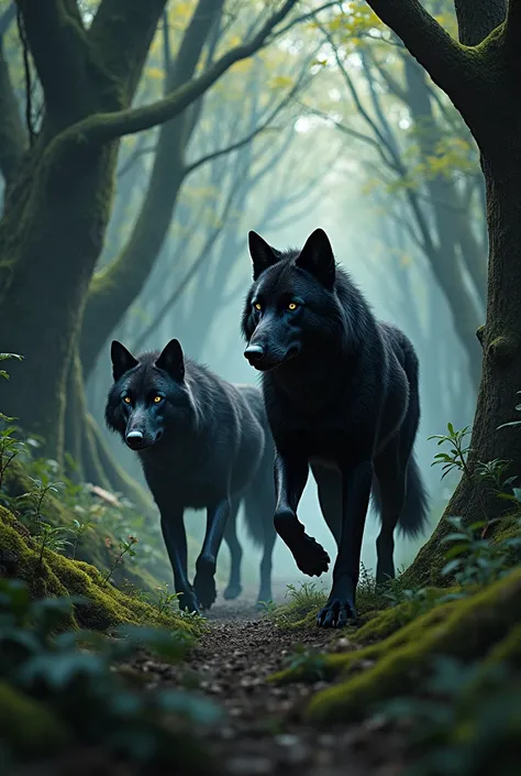 Two wolves in the forest, one all black and the other black but with a white face 