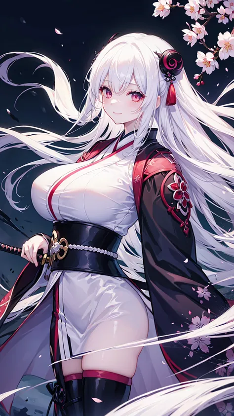 Girl, smiling, long white hair, kimono, large breasts, dark night, crescent moon, sword, fog, blood splatter, strong wind, cherry blossom snowstorm, iaido