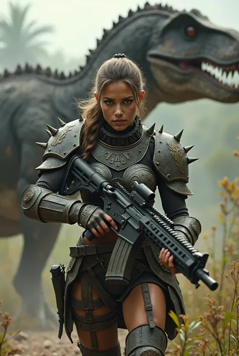 Girl in armor with spikes, with a machine gun in his hand, hunt dinosaurs 