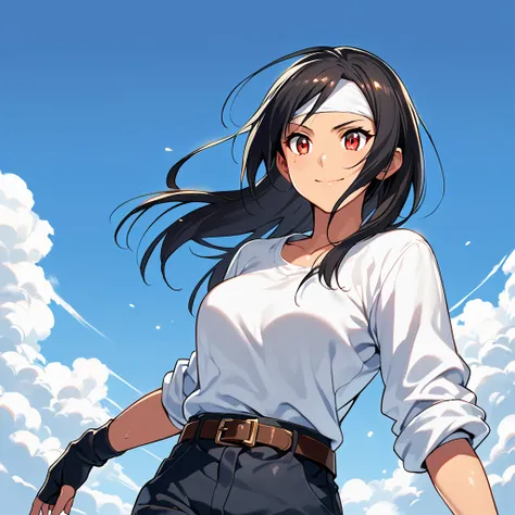 A high-quality image of a dynamic and confident black-skinned high school girl, standing out against the vast blue sky with white clouds. Shes wearing a red-eyed gaze, short black hair, and a big smile. Her outfit consists of a white T-shirt, fingerless gl...