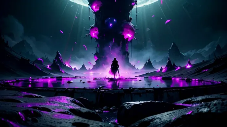 /imagine prompt: Create an image of the inside of a giant monsters stomach, where a thirty-five-year-old man in black armor is holding a sword, with long hair standing at the edge of a yellow acid lake. The edge of the lake is dark purple, the stomach wall...