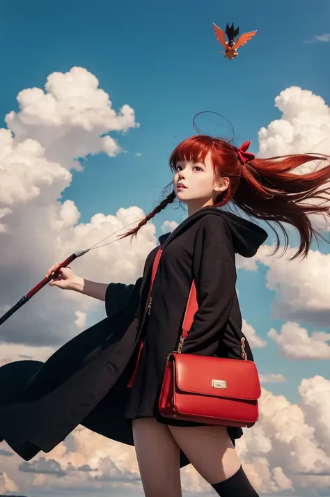 (masterpiece:1.4), (Best Quality:1.4), (High resolution:1.4),girl, Kiki is flying in the sky on a broomstick,cloud, Black Robe, Red hair bow, Shoulder bags,Charizard Flying