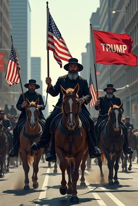 Amish men looking ready for battle while on horse and buggies which is flying American flags and trump flags. Going through a city street.