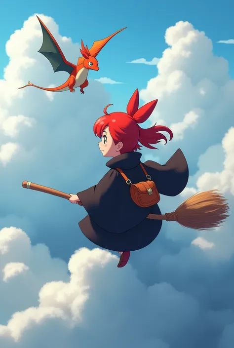 (masterpiece:1.4), (Best Quality:1.4), (High resolution:1.4),girl, Kiki is flying in the sky on a broomstick,cloud, Black Robe, Red hair bow, Shoulder bags,Charizard Flying