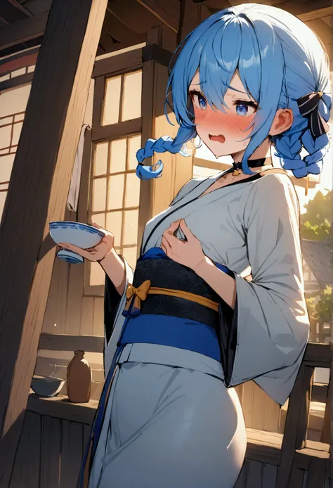 NSFW,masterpiece,Best Quality,High resolution,Very detailed,One girl,Star Town Suisei(Hololive),blue eyes,Blue Hair,Choker,Hair between the eyes,Medium Hair,Braids,スターChoker,Small breasts,kimono,Mini kimono,Long sleeve,blush,Embarrassed,Drunk,Intoxication,...