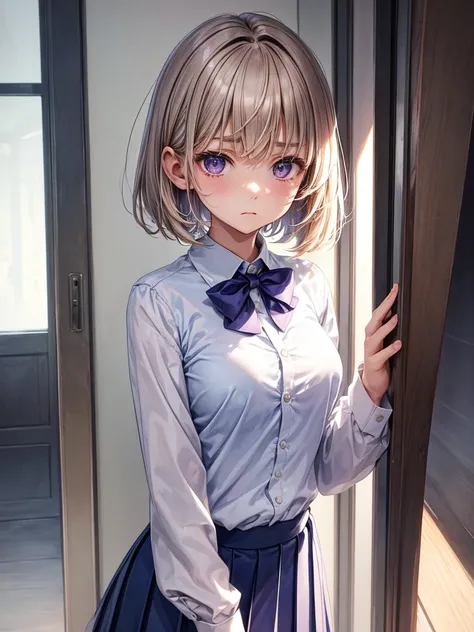 waterColors:1.9,full bady,1 girl,junior high school student ,alone,very short hair, light bronze hair,hairs between eyes,Violet eyes,unisex face,short,slender,big breasts,white colors collared shirt,dark blue colors pleated skirt ,the little room,upset,sta...