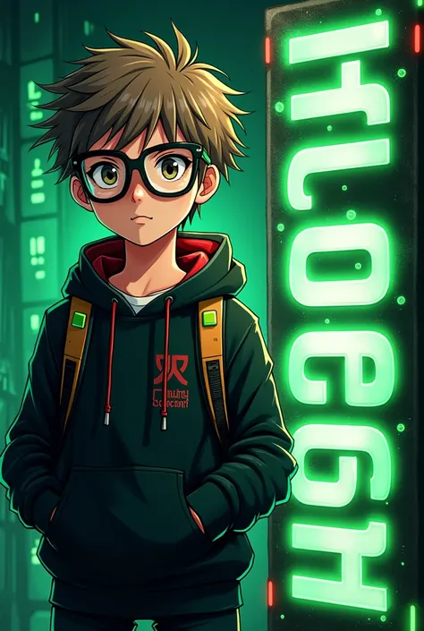 "Design a dynamic banner featuring an anime-style teenage boy, around 1, with a smart and confident look. The character should have light brown, messy hair, large black glasses, and wear a black hoodie with red, green, and yellow accents. Place the charact...