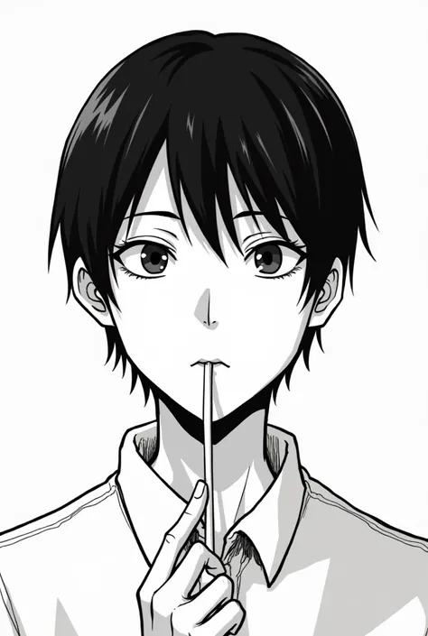 face of a slant-eyed, very small man with straight hair holding a straw in his mouth in manga style and completely black and white