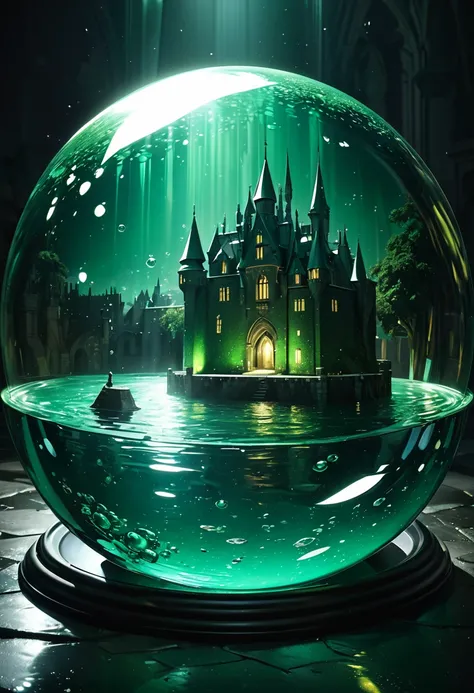 Conceptual installation art, fantastic, ray of light in pitch darkness, castle, emerald green shimmer effect, delicate dynamic texture, water sphere, bubbles, fantastic, light and shadow contrast, 2.5D, artistic photography, ultra-realistic, digital graphi...