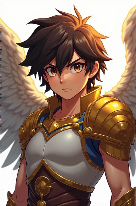 Create a Kid Icarus image of Kid Icarus, showing only from the shoulders up. You must have a brave and determined expression, with its characteristic armor and wings. The background should be completely white to highlight your figure and convey an atmosphe...