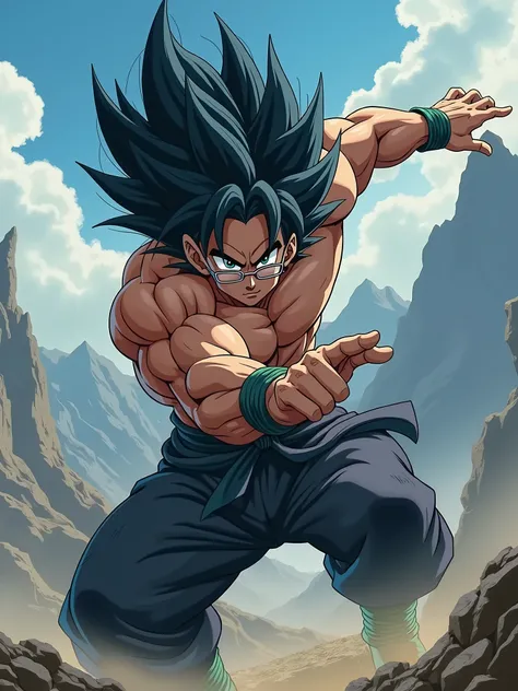 An anime-style medium shot of a man with dark skin, long dark blue hair, wearing rayban glasses and black pants, with green eyes, fighting in a mountain background. The style is inspired by Dragon Ball (1.2), featuring best quality, 4K, 8K, highres, master...