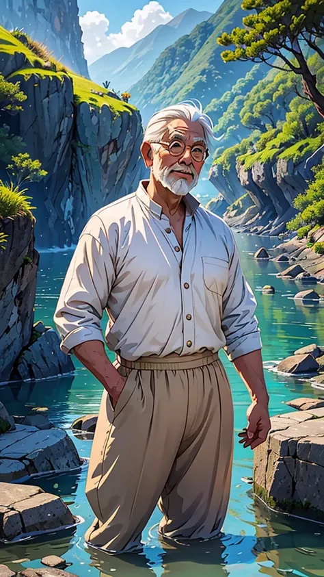 Create a high-quality anime-style image featuring an elderly man standing on a rocky cliff by the sea. The man has white hair, a beard, and is wearing round glasses. He is dressed in a white shirt, beige pants rolled up at the ankles, and white sneakers. H...