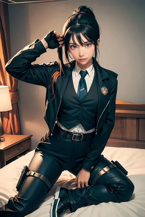 zhu yuan naughty pose at bedroom grab gun, orange eyes, black hair, long hair, streaked hair, ponytail metal hairband, police un...