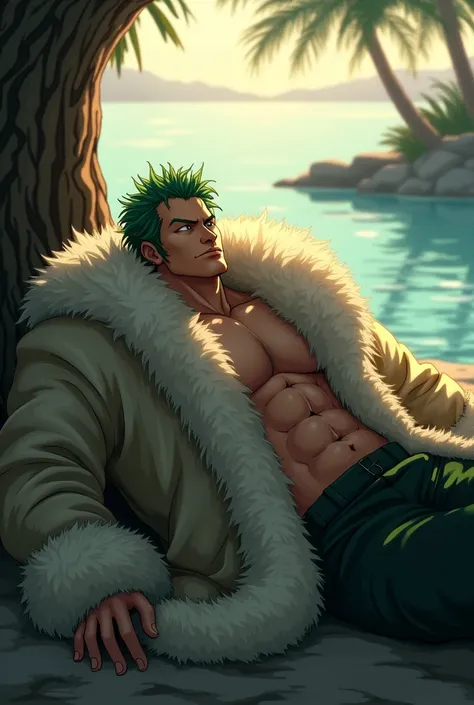 Roronoa zoro from one piece laying down when he wear a fur coat