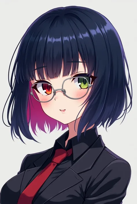 Dark blue bob，Inner staining （Purple red） wearing glasses （silver frame），Different colored eyes（Left red, right olive green） , Female dealer，anime style