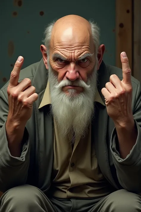 There is an old man with a white beard and a bald head, he is sitting and showing the middle finger of both his hands in front.