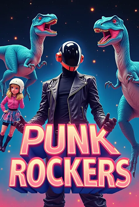 A poster of the cartoon features the text "PUNK ROCKERS" in large neon letters, set against a space background. The main characters include blue interstellar dinosaurs and a blonde girl wearing a white helmet and pink gloves, holding hands as if they were ...