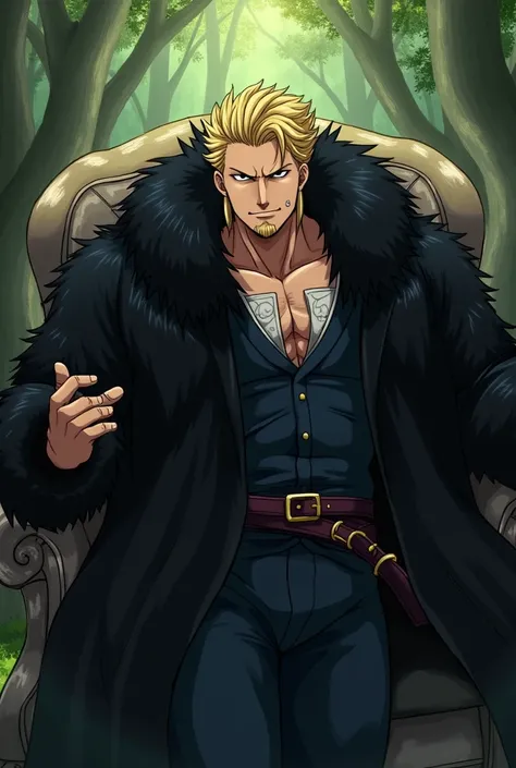 Laxus dreyar from fairy tail laying down when he wear a black fur coat