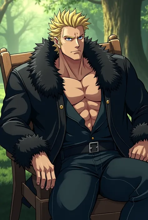 Laxus dreyar from fairy tail laying down when he wear a black fur coat