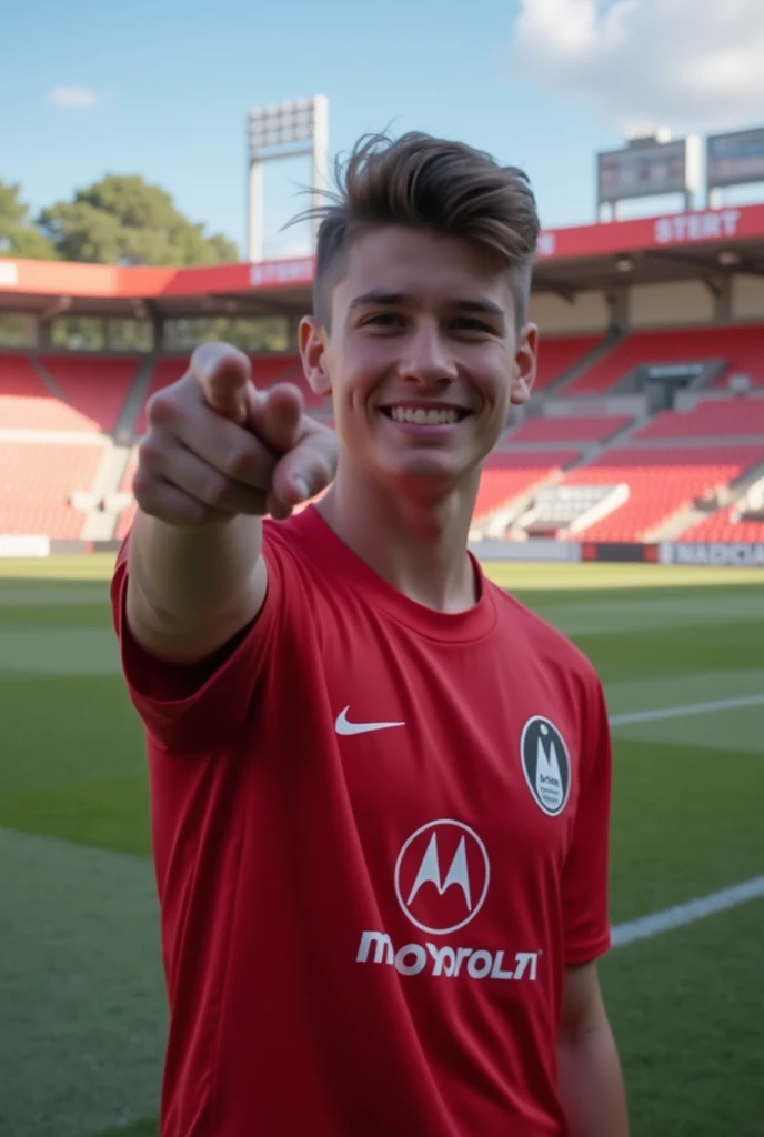 The 1 teenager who was taking an introductory photo at the Brianteo Stadium wearing a red AC Monza jersey with the sponsor on his jersey Motorola. The teenager poses with a pointing style towards the camera.. Create this image in a realistic style