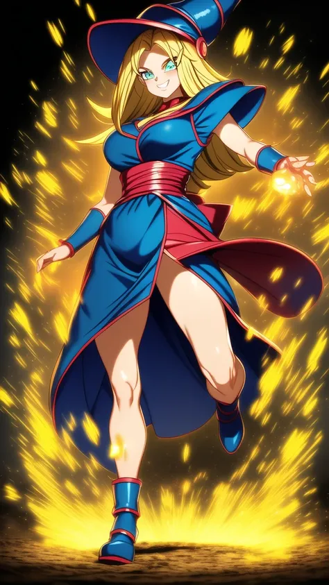 
dbsuper style, (extremely detailed CG unity 4k wallpaper),(masterpiece),(ultra quality),(ultra-detailed),(best illustration),(best shadow),(absurdres),masterpiece, best quality, cinematic light, 1girl, grin, dark magician girl, blonde hair, blue headwear,...