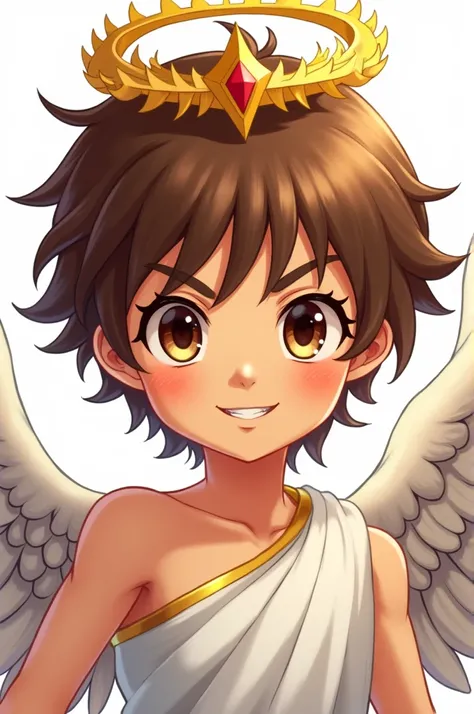 Create an image of Pit from Kid Icarus, showing only from the shoulders up. You must have a happy and determined expression, with its characteristic clothing and wings. The background should be completely white to highlight your figure and convey an atmosp...