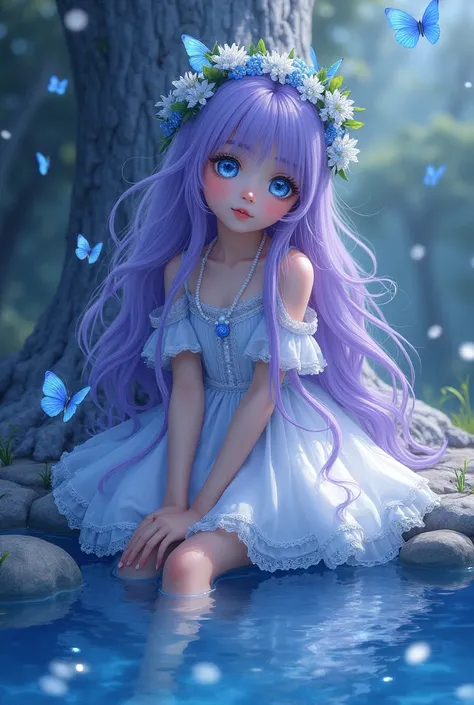 Creates a sense of depth using HDR technology。The theme is an original，exquisite，beautiful artwork，Vibrant colors and fantasy elements。girl sitting by deep water，Surrounded by running water，The background is a dark blue world tree。The tranquil and dreamy a...