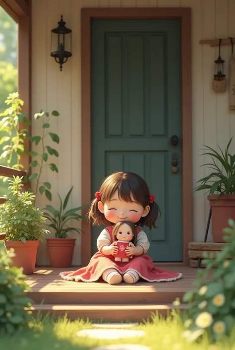 A cute  sits on the porch of her house holding a doll toy