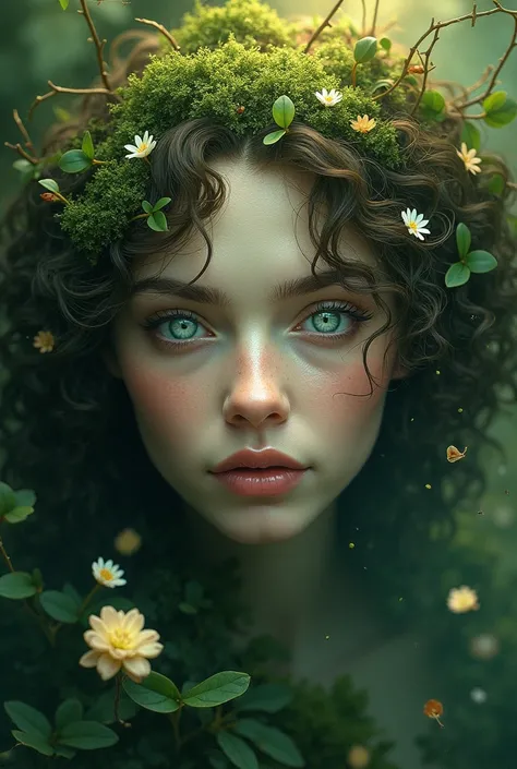 Create an apparent image of the face of the goddess Gaia with white eyes, curly hair with leaves and more natural elements around