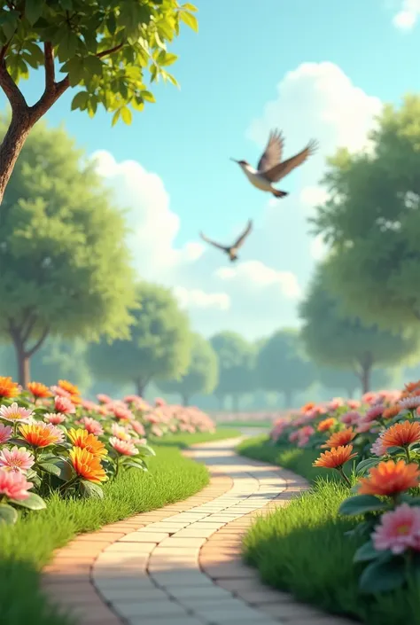 In cinematic reality 3D style "Include elements of the park in the background: blooming flowers, a pathway, and perhaps a couple of birds"