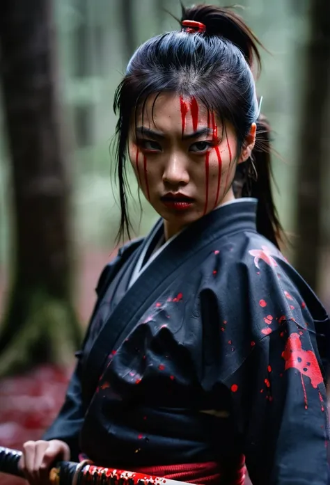 Asian female samurai girl with blood paint over face katana stance dripping blood samurai broken open armour dark forest background