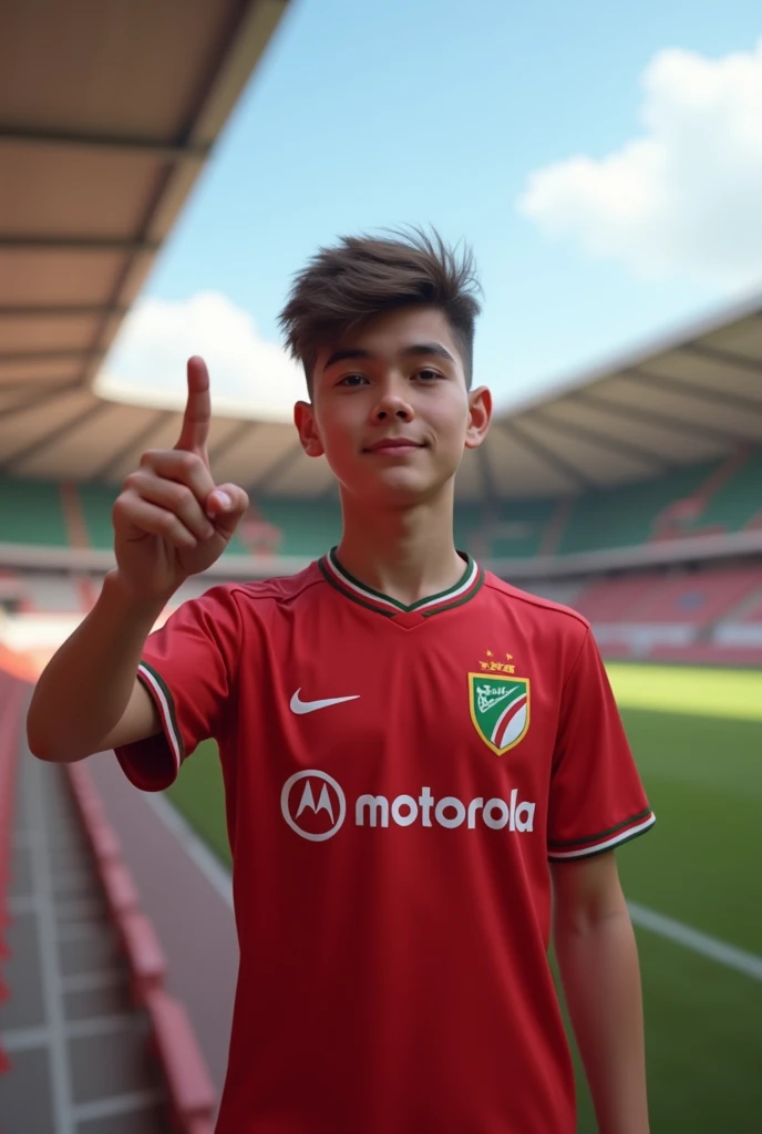 The 1 teenager who was taking an introductory photo at the Brianteo Stadium wearing a red AC Monza logo jersey with a Motorola sponsor on the jersey.. The teenager poses with his right hand pointing towards the camera and his left hand holding the AC Monza...