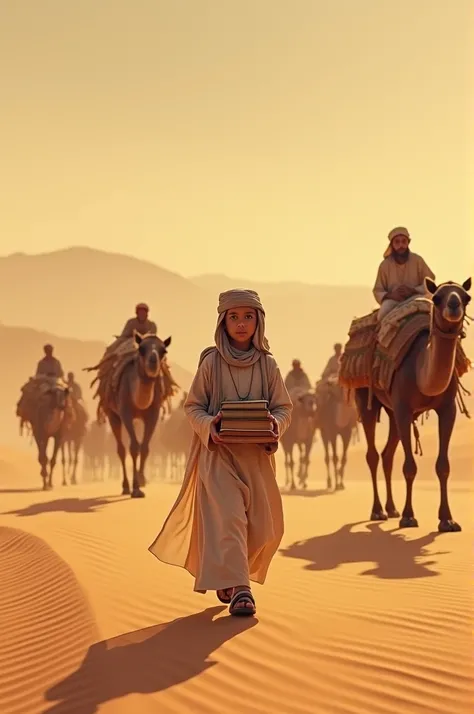 A  boy is walking across the desert with some people in a caravan. The boy has some books in his hand. Other people in the caravan are carrying some goods. They are all wearing Arabic clothes.