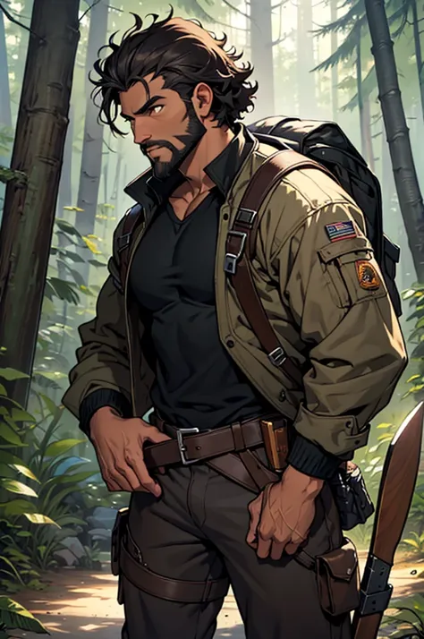 Male character approximately 30 years old, dark brown skin color, afro descendant, brown eyes, short curly black haircut , and short black beard, athletic physics, a pair of brown mechanic pants, black t-shirt, and on top a brown aviator style jacket, a wo...