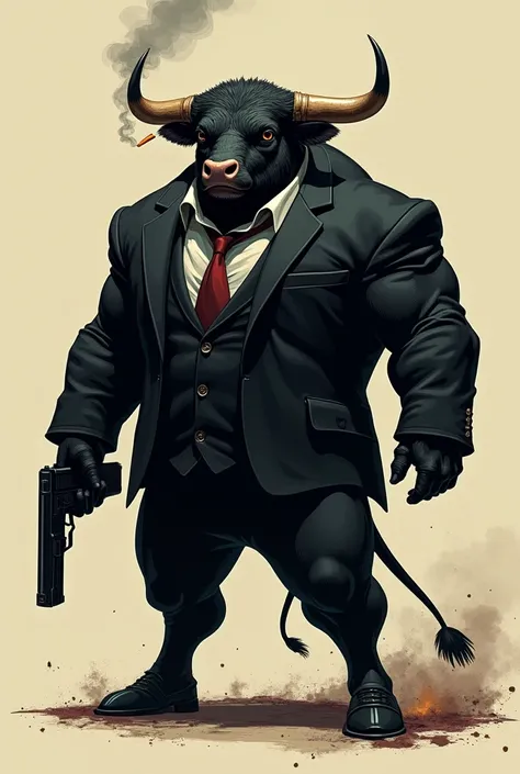 Black bull,hold gun,muscle,put on suit,smoke. Cigratte,2d,art