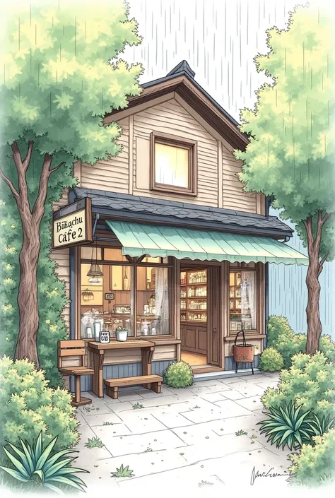 line-art painting of an coffee shop surrounded by green with the sign say "Bikachu Cafe", light rain outside, detailed texture