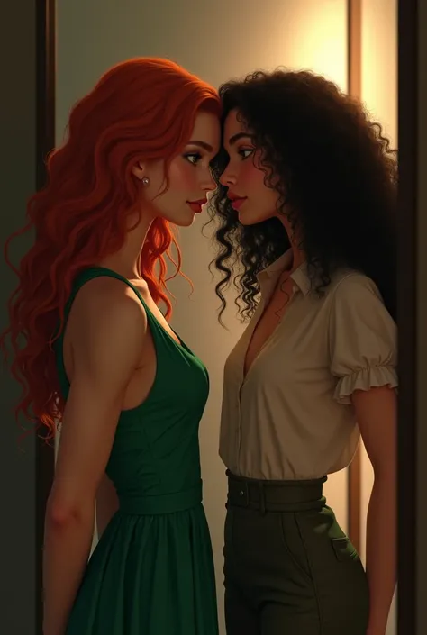 A woman with natural red hair in waves,olhos verdes como esmeraldas, wearing a green dress, she is talking to her friend in a dressing room, a black friend with curly hair and wearing a blouse and pants , elas conversam 