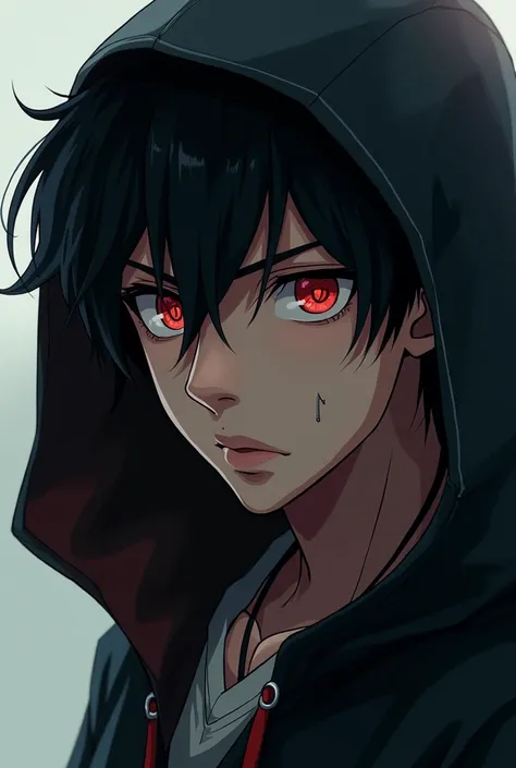 1 man, Black hair, red eyes, Piercing, teeth, hood, Illustration, animated movie 스타일, animated movie, Handsome