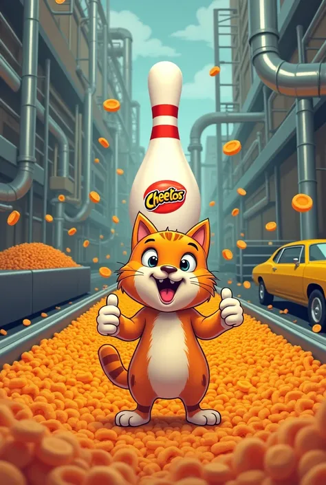 This image is a digital illustration of a cartoon cat in a factory setting. Cat is standing in front of a large pile of orange cereal, which appears to be Cheetos. A conveyor belt is visible in the background with a yellow car driving on it, and there are ...