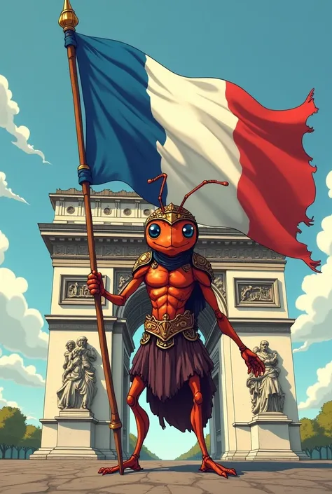 Fourmie habillé en gladiateur avec un drapeau de la france dans la main, dans un univers manga. L arc de triomphe en arrière plan