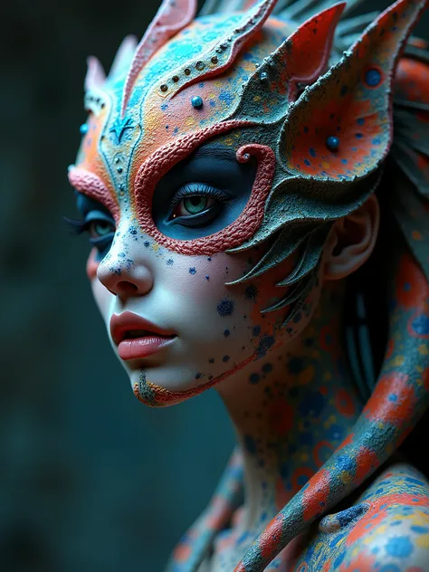 An ultra-realistic, hyper-detailed close-up of a body art graffiti masterpiece, showcasing a captivating blend of dark fantasy and vibrant colors. The subject appears to be a chameleon-like character, with intricate patterns and textures filling the canvas...