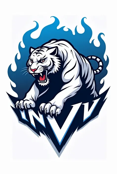 Create a logo for a Free Fire team, with a white tiger, but the logo has to have the initials "inv" make the logo very creative and very detailed, with blue details