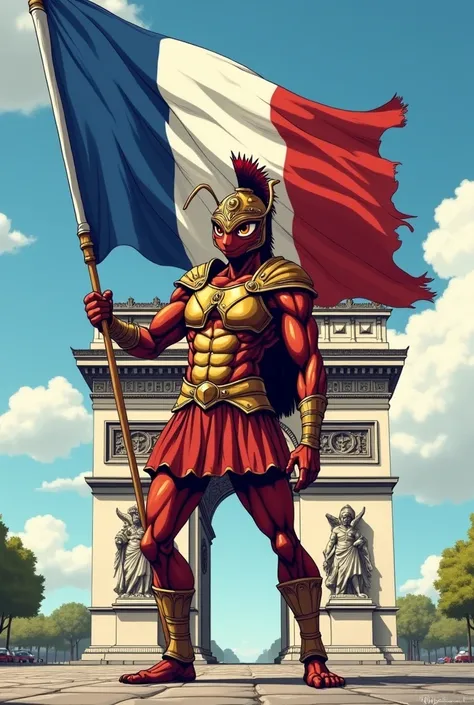 Fourmie habillé en gladiateur avec un drapeau de la france dans la main, in a dbz manga style. The Arc de Triomphe in the background